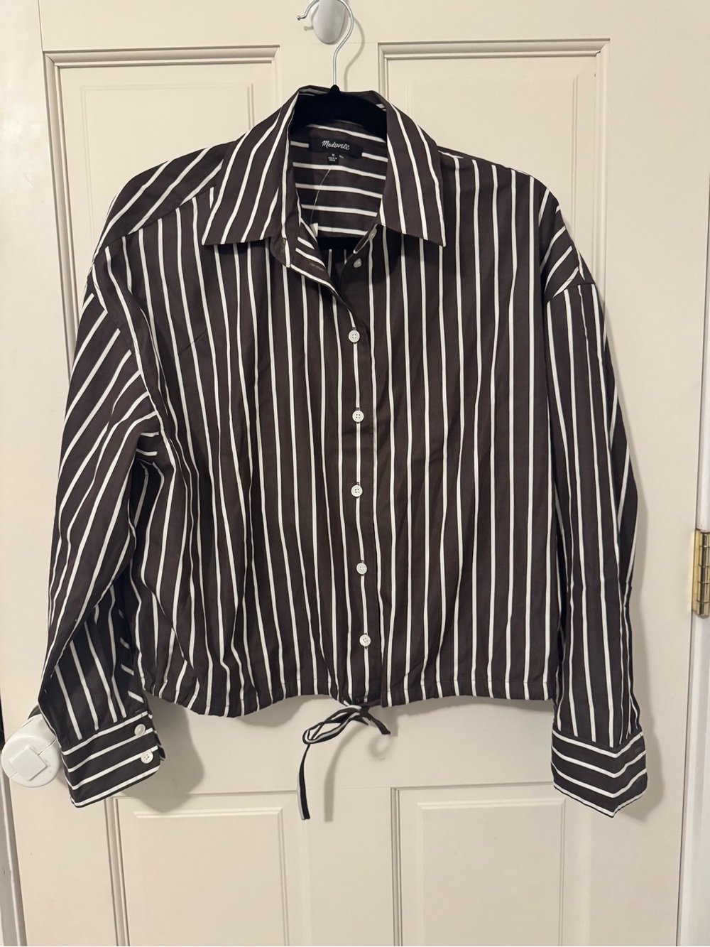NWT Madewell Drawstring Button-Up Shirt in Brown Poplin, Size Medium